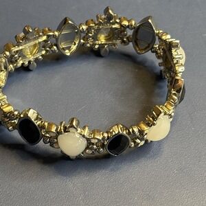 Silver Tone Stretch Bracelet Black White Faceted Stones Boho Costume Jewelry